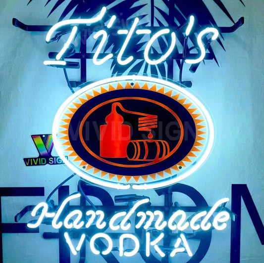 Light Up Tito's Handmade Vodka Liquor Sign - Vintage style Handmade Glass Neon Lamps - Bar/Business Logo decor 20"x16"