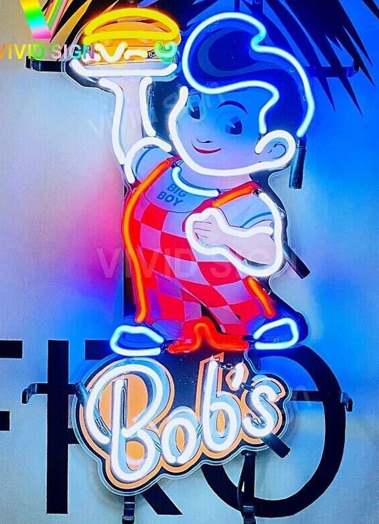 Light Up Big Boy Bob's Burger Sign - Vintage style Handmade Glass Neon Lamps - Bar/Business Logo decor 20"x12"