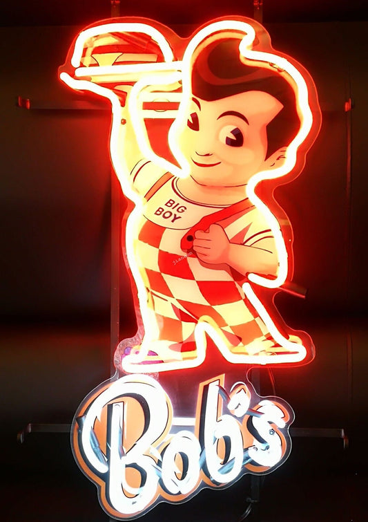 Light Up Bob's Big Boy Burger Restaurant Sign - Vintage style Handmade Glass Neon Lamps - Bar/Business Logo decor 20"x10"