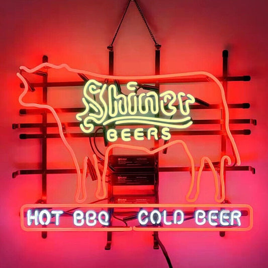 Light Up Shiner Beer Hot BBQ Cold Beer Cow Sign - Vintage style Handmade Glass Neon Lamps - Bar/Business Logo decor 24"x20"