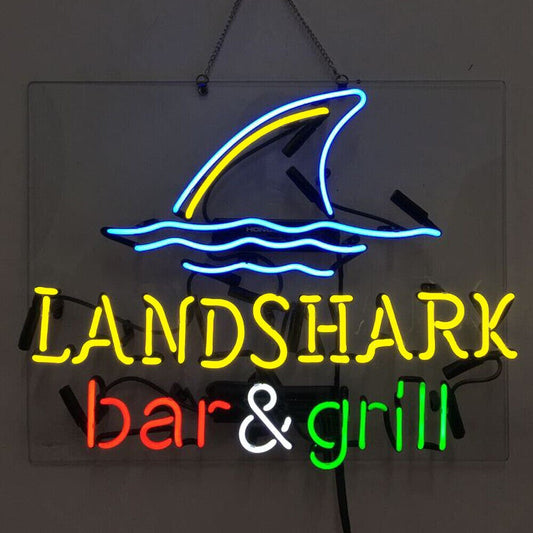 Light Up Landshark Bar And Grill Lager Beer Pub Sign - Vintage style Handmade Glass Neon Lamps - Bar/Business Logo decor 19"x15"