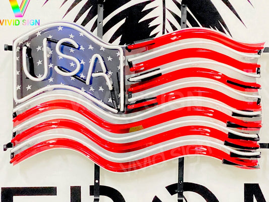 Light Up USA Country FLAG Stars and Stripes Sign - Vintage style Handmade Glass Neon Lamps - Bar/Business Logo decor 20"x15"