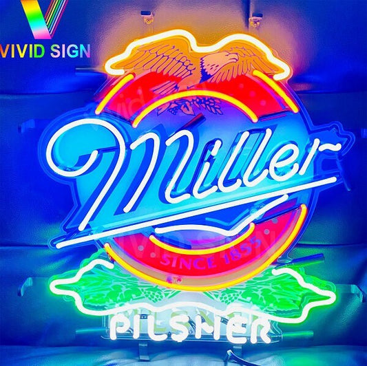 Light Up Miller Since 1855 Beer Pilsner Eagle Sign - Vintage style Handmade Glass Neon Lamps - Bar/Business Logo decor 20"x16"