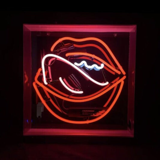 Light Up Sexy Lips Kiss Tongue ACRYLIC BOX Sign - Vintage style Handmade Glass Neon Lamps - Bar/Business Logo decor 14"x14"