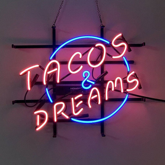 Light Up Tacos And Dreams Restaurant Sign - Vintage style Handmade Glass Neon Lamps - Bar/Business Logo decor 17"x14"