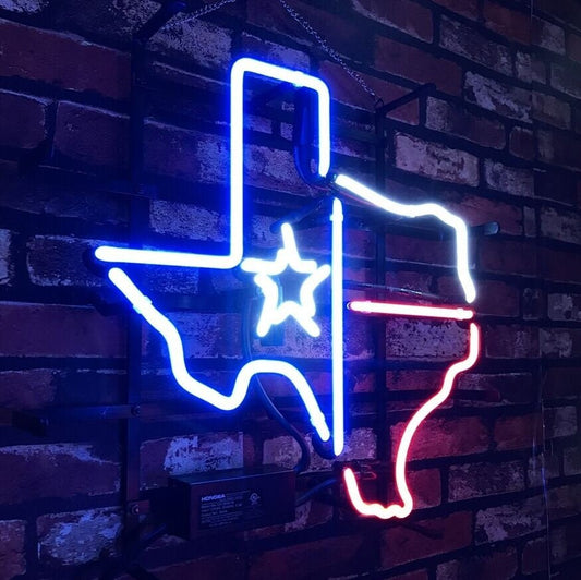 Light Up Texas Map Star Sign - Vintage style Handmade Glass Neon Lamps - Bar/Business Logo decor 19"