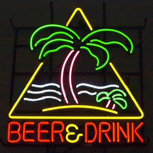 Light Up Drink Beer Palm Tress Beach Sign - Vintage style Handmade Glass Neon Lamps - Bar/Business Logo decor 19"x19"