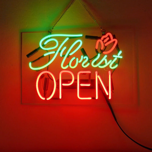 Light Up Florist Open Flowers Sign - Vintage style Handmade Glass Neon Lamps - Bar/Business Logo decor 14"x9"