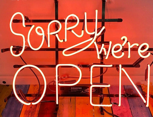 Light Up Sorry we're Open Store Shop Sign - Vintage style Handmade Glass Neon Lamps - Bar/Business Logo decor 19"x15"