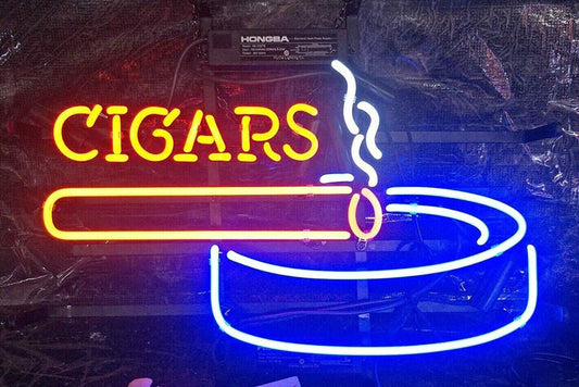 Light Up Cigars Ashtray Smoke Cigarette Open Sign - Vintage style Handmade Glass Neon Lamps - Bar/Business Logo decor 17"x14"