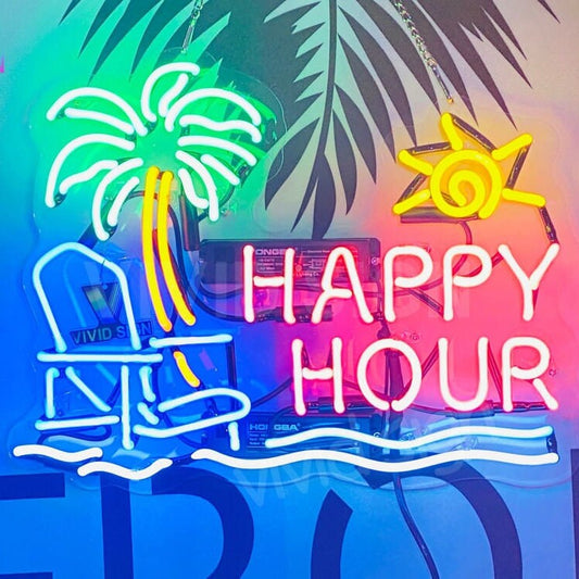 Light Up Happy Hour Palm Tree Beach Sign - Vintage style Handmade Glass Neon Lamps - Bar/Business Logo decor 17"x14"