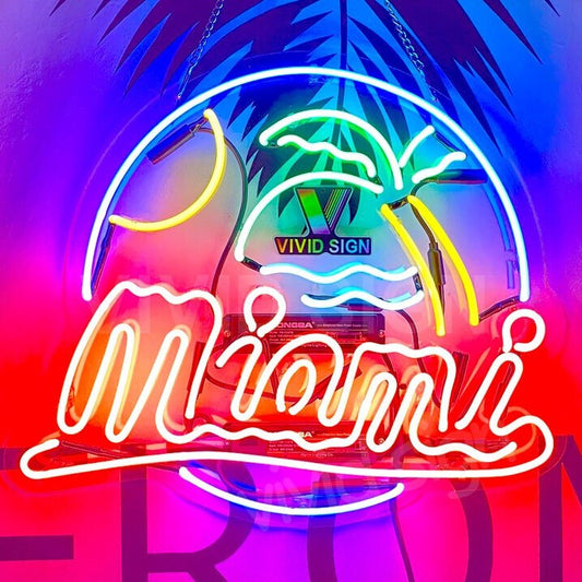 Light Up Miami Beach Palm Tree Sun Acrylic Sign - Vintage style Handmade Glass Neon Lamps - Bar/Business Logo decor 20"x16"