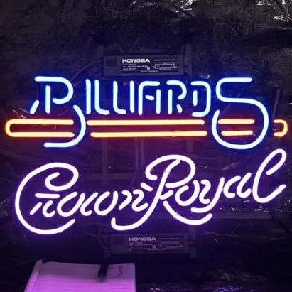 Light Up Billiards Pool Whiskey Crown Royal Sign - Vintage style Handmade Glass Neon Lamps - Bar/Business Logo decor 19"