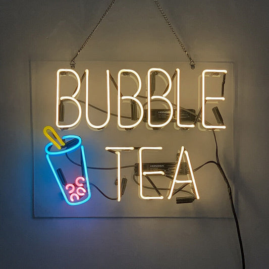 Light Up Bubble Tea Shop Cafe Sign - Vintage style Handmade Glass Neon Lamps - Bar/Business Logo decor 19"x15"