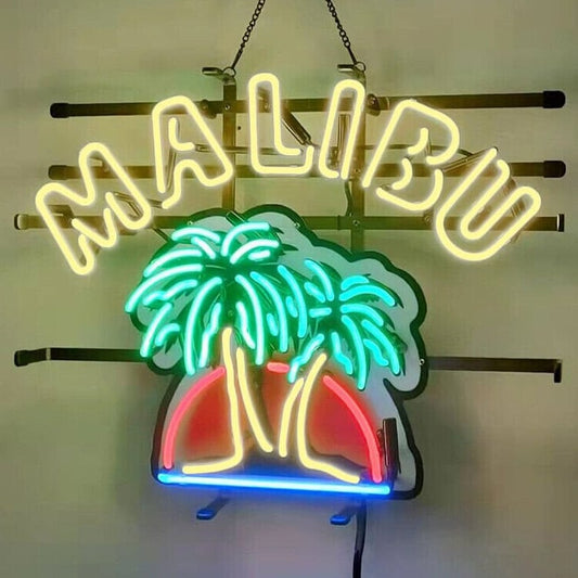 Light Up Malibu Palm Trees Rum Sign - Vintage style Handmade Glass Neon Lamps - Bar/Business Logo decor 19"x15"