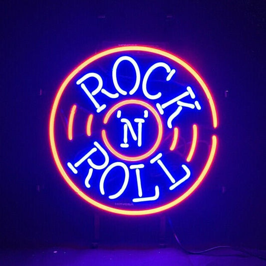 Light Up Rock N Roll Music Record Sign - Vintage style Handmade Glass Neon Lamps - Bar/Business Logo decor 17"