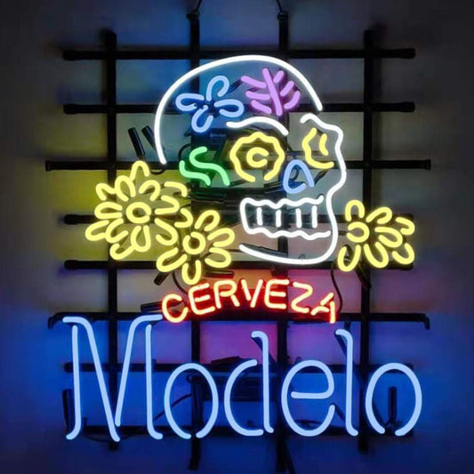 Light Up Modelo Beer Sugar Skull Flower Ceveza Mexico Sign - Vintage style Handmade Glass Neon Lamps - Bar/Business Logo decor 19"