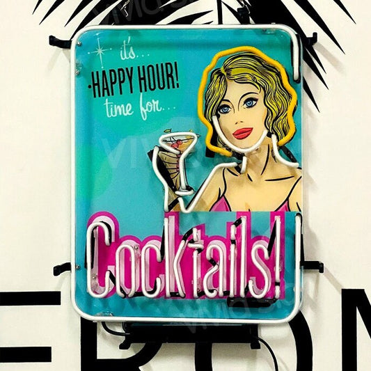 Light Up Cocktails Happy Hour Girl Martini Sign - Vintage style Handmade Glass Neon Lamps - Bar/Business Logo decor 20"x15"