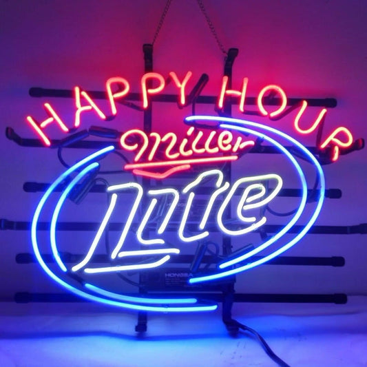 Light Up Miller Lite Beer Happy Hour Sign - Vintage style Handmade Glass Neon Lamps - Bar/Business Logo decor 20"x16"