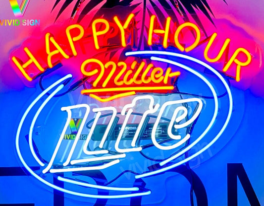 Light Up Miller Lite Beer Happy Hour Sign - Vintage style Handmade Glass Neon Lamps - Bar/Business Logo decor 20"x16"