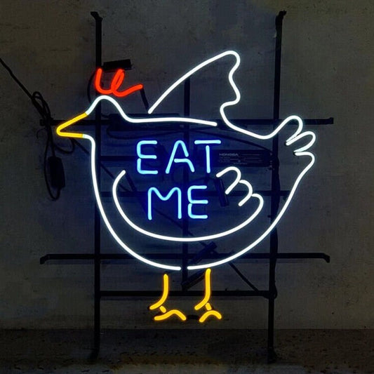 Light Up Chicken Eat Me Restaurant Sign - Vintage style Handmade Glass Neon Lamps - Bar/Business Logo decor 24"x20"