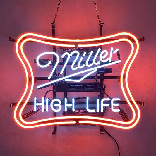 Light Up Miller Lite Beer HIGH LIFE Sign - Vintage style Handmade Glass Neon Lamps - Bar/Business Logo decor 17"x14"