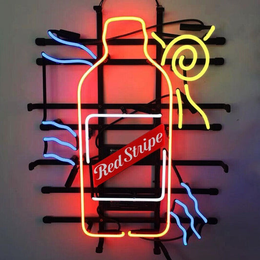 Light Up Red Stripe Beer Bottle Sign - Vintage style Handmade Glass Neon Lamps - Bar/Business Logo decor 19"x15"