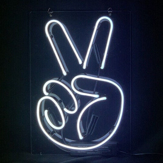 Light Up Victory Peace Hand Gesture Sign - Vintage style Handmade Glass Neon Lamps - Bar/Business Logo decor 14"x9"