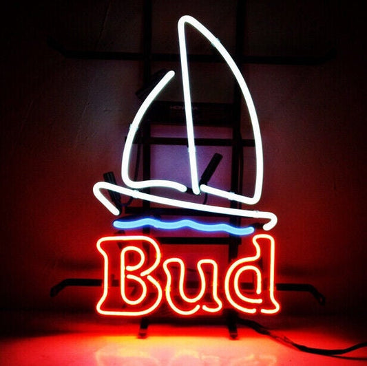 Light Up Bud Beer Sailboat Sea Ship Sign - Vintage style Handmade Glass Neon Lamps - Bar/Business Logo decor 17"x14"