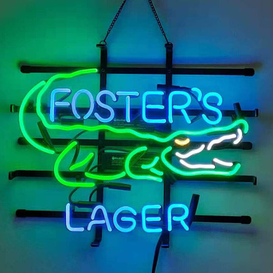 Light Up Foster's Lager Alligator Crocodile Beer Sign - Vintage style Handmade Glass Neon Lamps - Bar/Business Logo decor 19"x15"