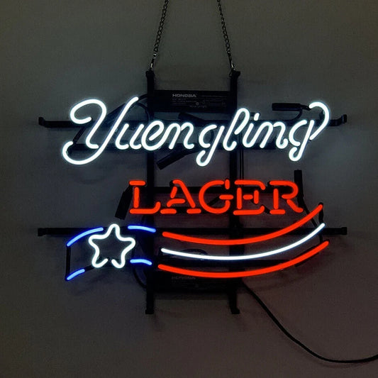 Light Up Yuengling Lager Beer Pub American Flag Sign - Vintage style Handmade Glass Neon Lamps - Bar/Business Logo decor 17"x14"