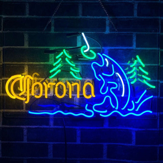 Light Up Corona Beer Fishing Fish Hook w/ Trees Sign - Vintage style Handmade Glass Neon Lamps - Bar/Business Logo decor 19"x15"