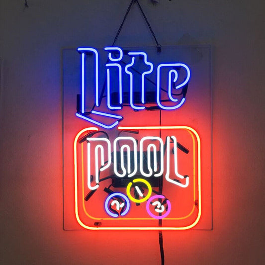 Light Up Miller Lite Pool Balls Billiards Sign - Vintage style Handmade Glass Neon Lamps - Bar/Business Logo decor 19"x15"