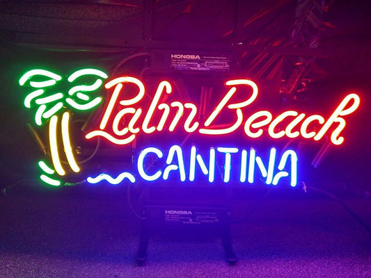 Light Up Palm Beach Cantina Sign - Vintage style Handmade Glass Neon Lamps - Bar/Business Logo decor 20"x14"