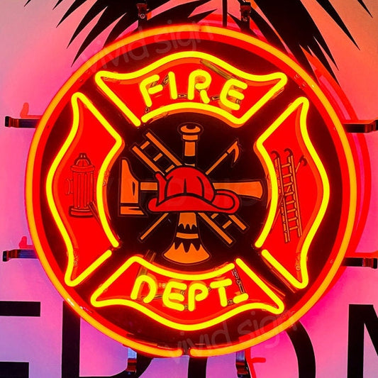 Light Up Firefighter Fire Department Sign - Vintage style Handmade Glass Neon Lamps - Bar/Business Logo decor 17"x17"