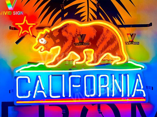 Light Up California Bear Star Flag Sign - Vintage style Handmade Glass Neon Lamps - Bar/Business Logo decor 20"x15"