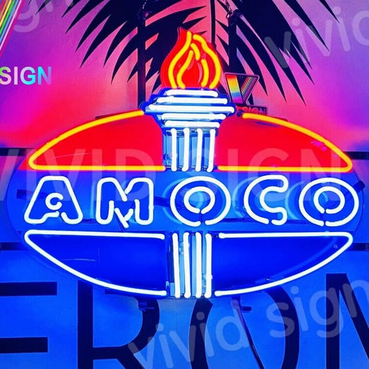 Light Up Amoco Oil Gas Gasoline Sign - Vintage style Handmade Glass Neon Lamps - Bar/Business Logo decor 24"x20"