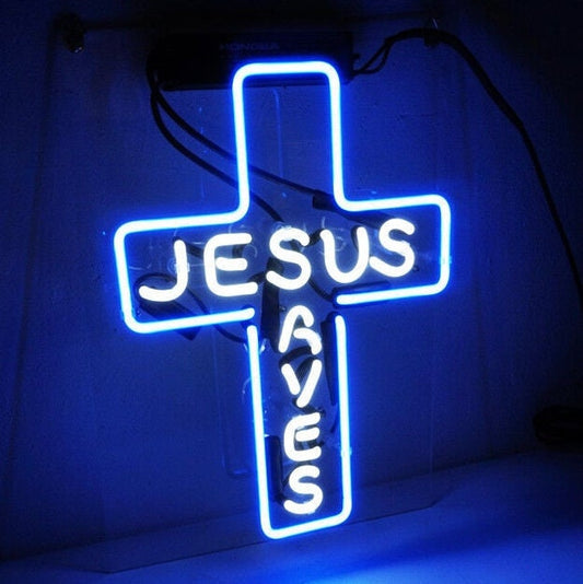 Light Up Jesus Saves Cross Sign - Vintage style Handmade Glass Neon Lamps - Bar/Business Logo decor 14"x9"