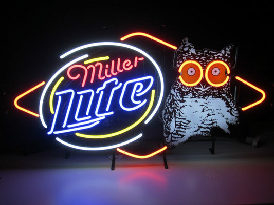 Light Up Miller Lite Hooters Owl Beer Sign - Vintage style Handmade Glass Neon Lamps - Bar/Business Logo decor 24"x20"