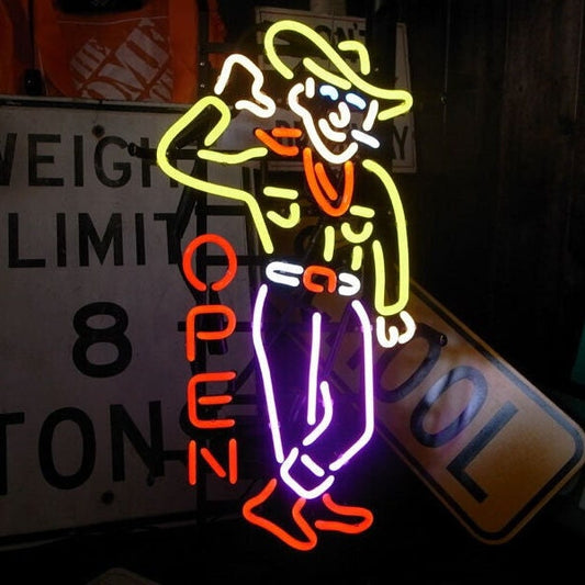 Light Up Las Vegas Cowboy Open Casino Sign - Vintage style Handmade Glass Neon Lamps - Bar/Business Logo decor 20"x16"