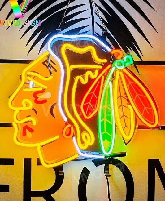 Light Up Blackhawk Head Sport Logo Team Sign - Vintage style Handmade Glass Neon Lamps - Bar/Business Logo decor 20"x16"