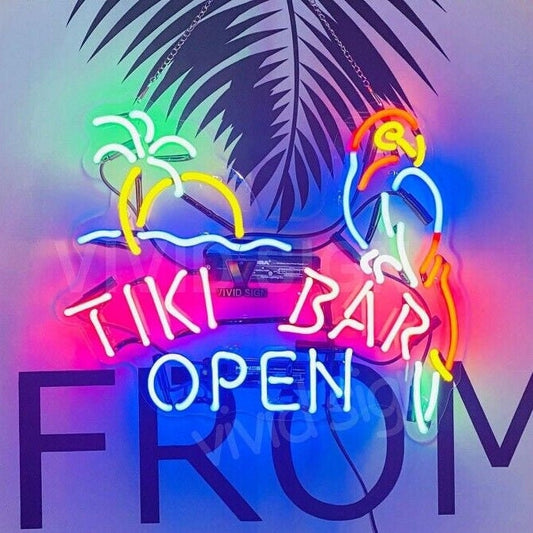 Light Up Tiki Bar Open Palm Tree Parrot Sign - Vintage style Handmade Glass Neon Lamps - Bar/Business Logo decor 24"x20"