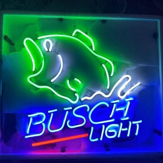 Light Up Busch Light Bass Fish Tiki Bar Beer Open Sign - Vintage style Handmade Glass Neon Lamps - Bar/Business Logo decor 17"x14"