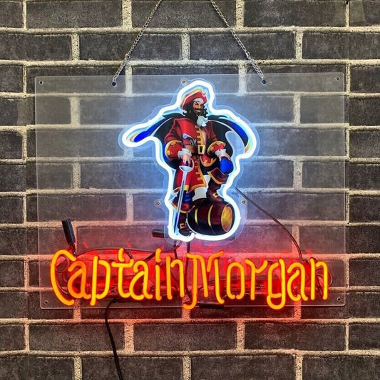 Light Up Captain Morgan Rum Pirate Sign - Vintage style Handmade Glass Neon Lamps - Bar/Business Logo decor 20"x16"