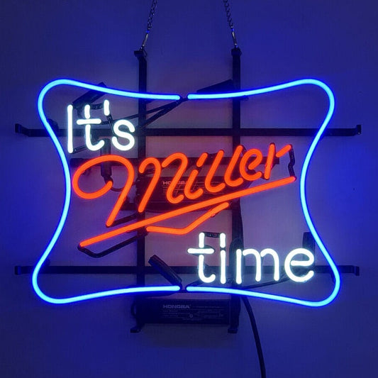 Light Up It's Miller Time Lite Beer Sign - Vintage style Handmade Glass Neon Lamps - Bar/Business Logo decor 17"x14"