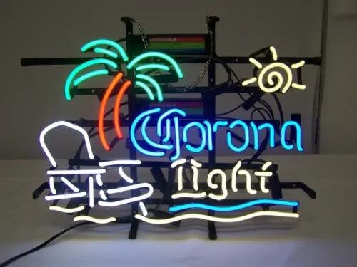 Light Up Corona Light Beach Lounger Palm Tree Sign - Vintage style Handmade Glass Neon Lamps - Bar/Business Logo decor 20"x16"