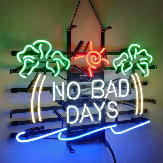 Light Up No Bad Days Tiki Palm Tree Beach Sign - Vintage style Handmade Glass Neon Lamps - Bar/Business Logo decor 19"