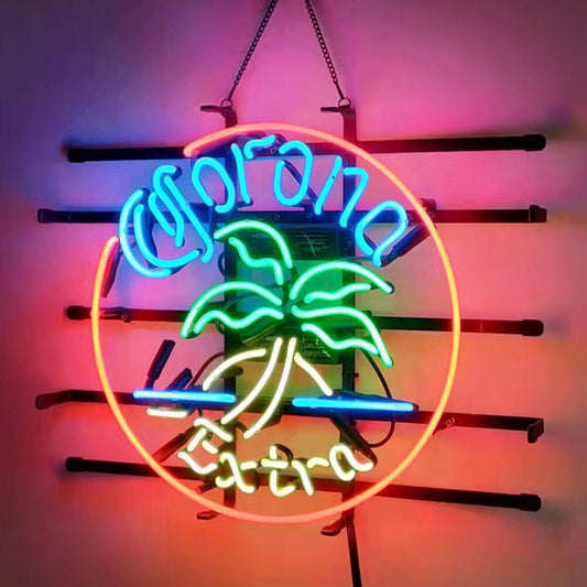 Light Up Corona Extra Palm Tree Tiki Beach Sign - Vintage style Handmade Glass Neon Lamps - Bar/Business Logo decor 19"