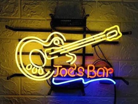 Light Up Joe's Bar Guitar Man Cave Sign - Vintage style Handmade Glass Neon Lamps - Bar/Business Logo decor 19"x15"