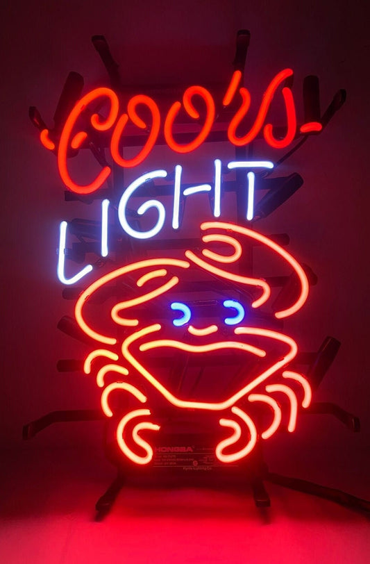 Light Up Coors Light Crab Beer Seafood Sign - Vintage style Handmade Glass Neon Lamps - Bar/Business Logo decor 20"x16"